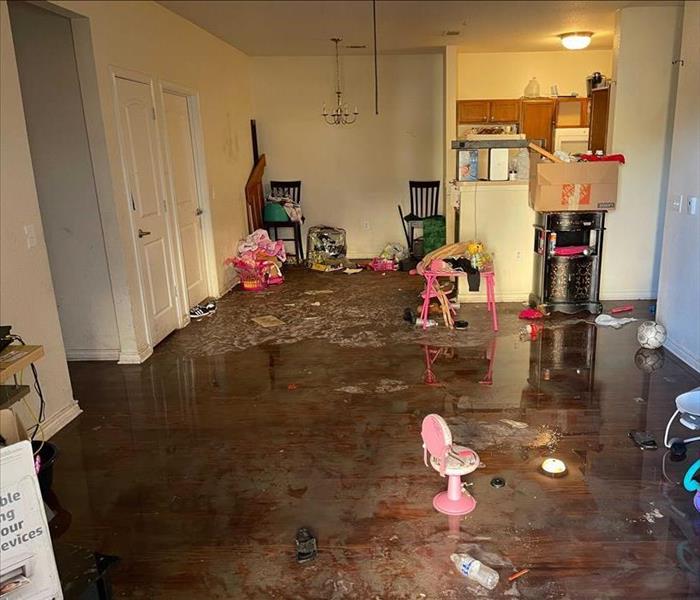 Living area of apartment, kitchen in back right corner, water over complete floor, household items all over