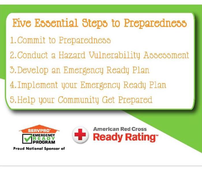 "five essential steps to preparedness, white and green background, SERVPRO logo and American red cross logo at bottom