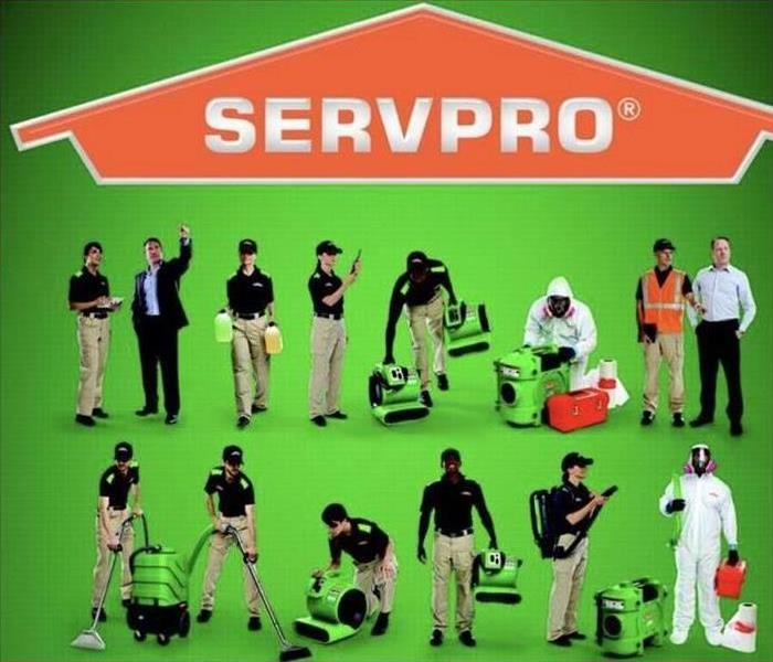 green background with orange servpro house at top, SERVPRO employees demonstrating all services